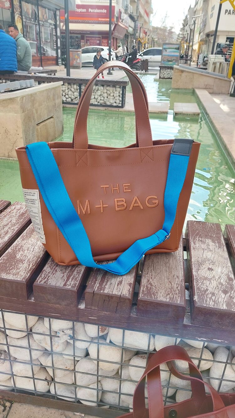 Totebag BONHEUR Taba Mavi askılı