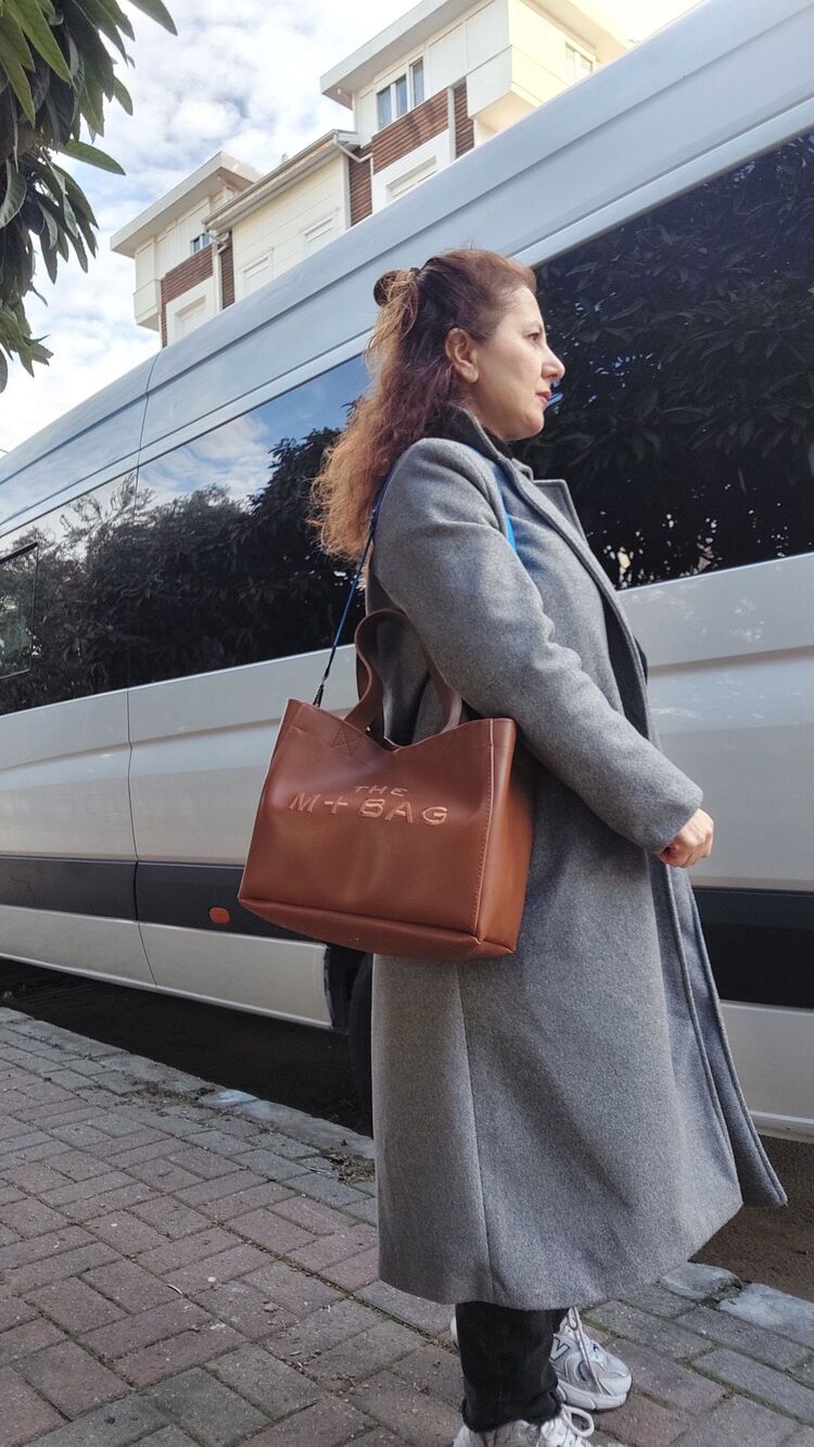 Totebag BONHEUR Taba Mavi askılı