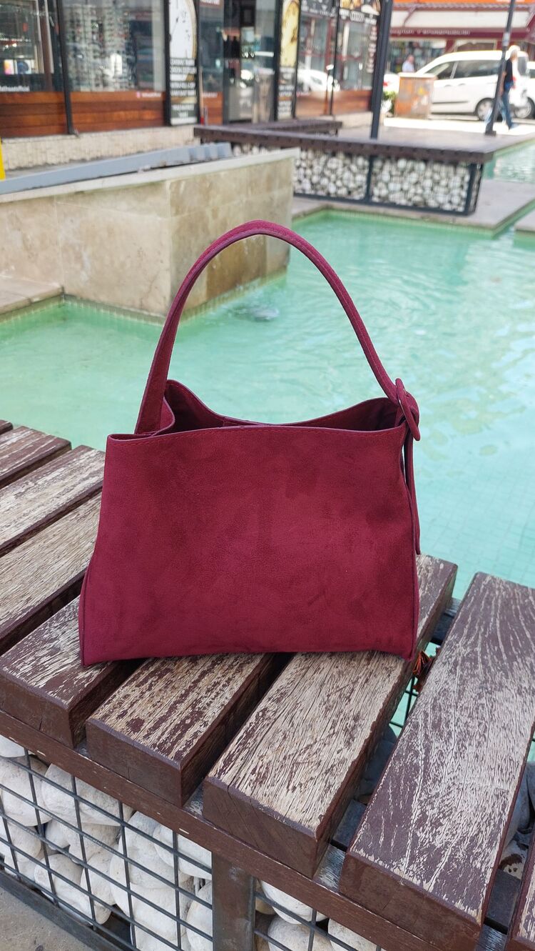 Süet Bordo Çift Askılı Çanta
