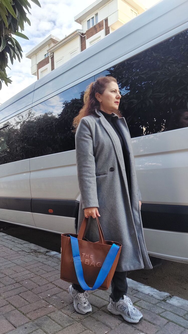 Totebag BONHEUR Taba Mavi askılı