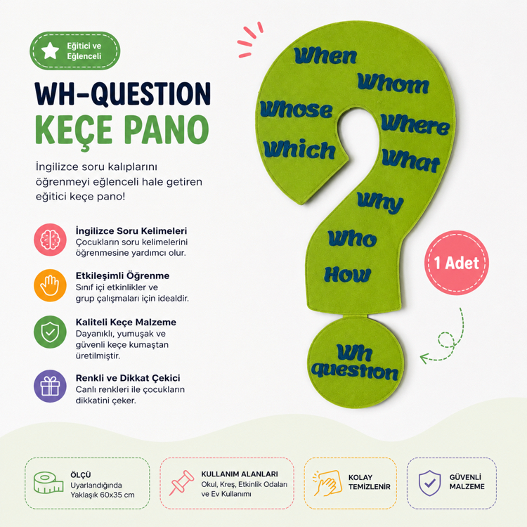 WH-Question Keçe Pano | İngilizce Soru Kelimeleri Eğitim Panosu