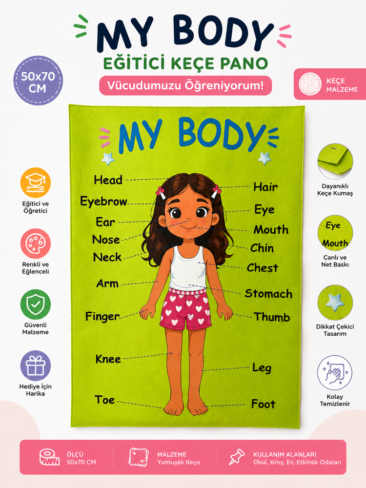 MY BODY Keçe Eğitim Panosu | 50x70 cm İngilizce Vücut Bölümleri Öğrenme Panosu