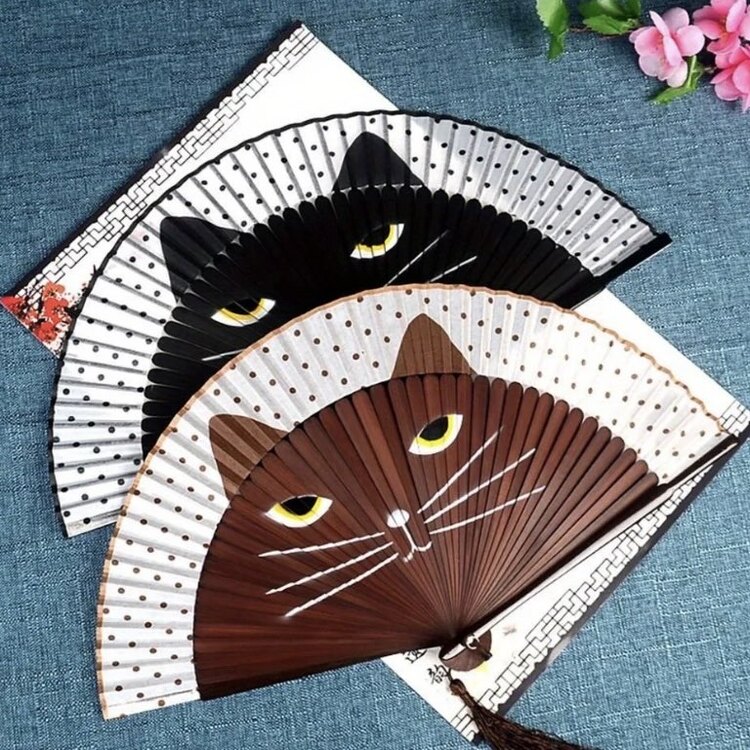 Vintage Kedi Karikatür El Katlama Yelpaze