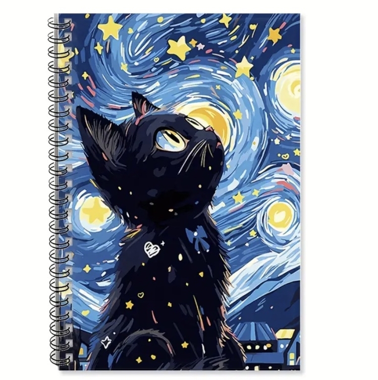 Yıldızlı Gökyüzü ve Siyah Kedi Spiral Defter