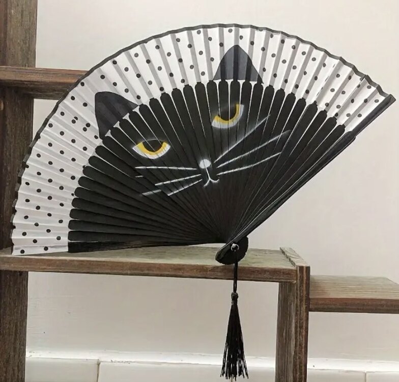Vintage Kedi Karikatür El Katlama Yelpaze
