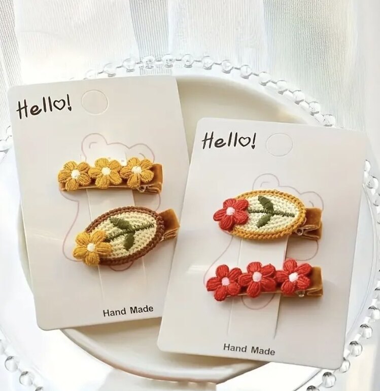 4 lü Paket Örgülü Kırmızı-Sarı Çiçek Saç Tokası