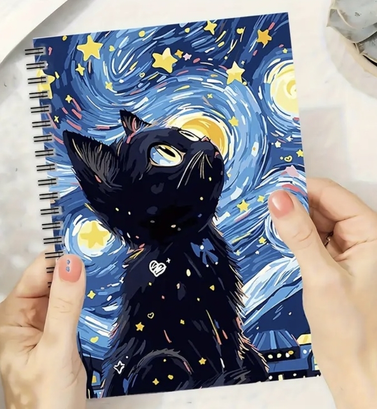 Yıldızlı Gökyüzü ve Siyah Kedi Spiral Defter