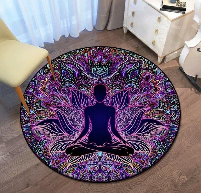 Yuvarlak Meditasyon Halısı Polyester Yoga Matı,Karmaşık Desenlerle Renkli Lotus Tasarımı