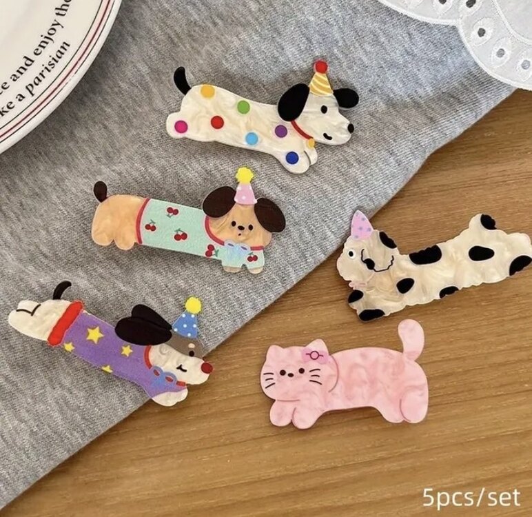 5 li Set Karikatür Parti Kedi Köpek Saç Klipsi