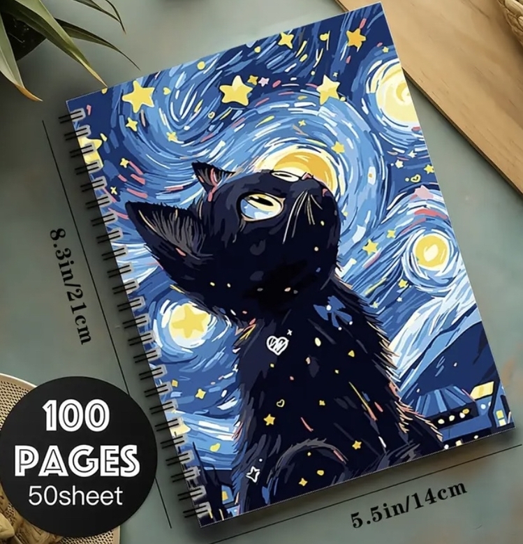 Yıldızlı Gökyüzü ve Siyah Kedi Spiral Defter