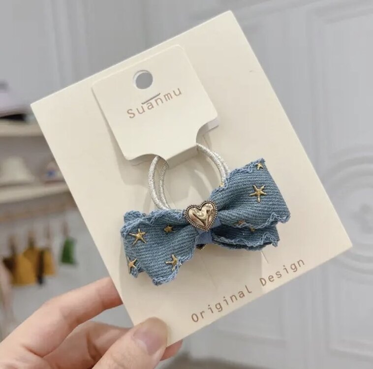 İkili Lastikli Denim Saç Tokası