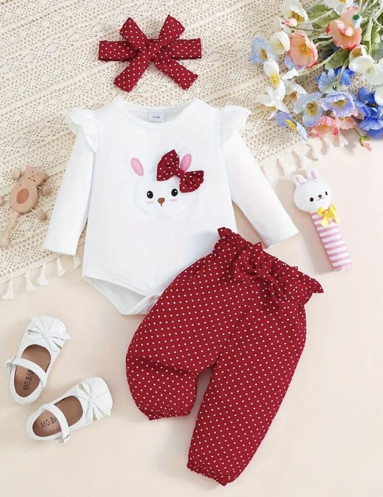 Bebek Tavşan Nakışlı Tulum + Saç Bandı + Nokta Desenli Rahat Dış Mekan Pantolon.