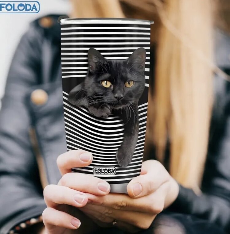 Kedi Tasarımlı Çelik Kupa