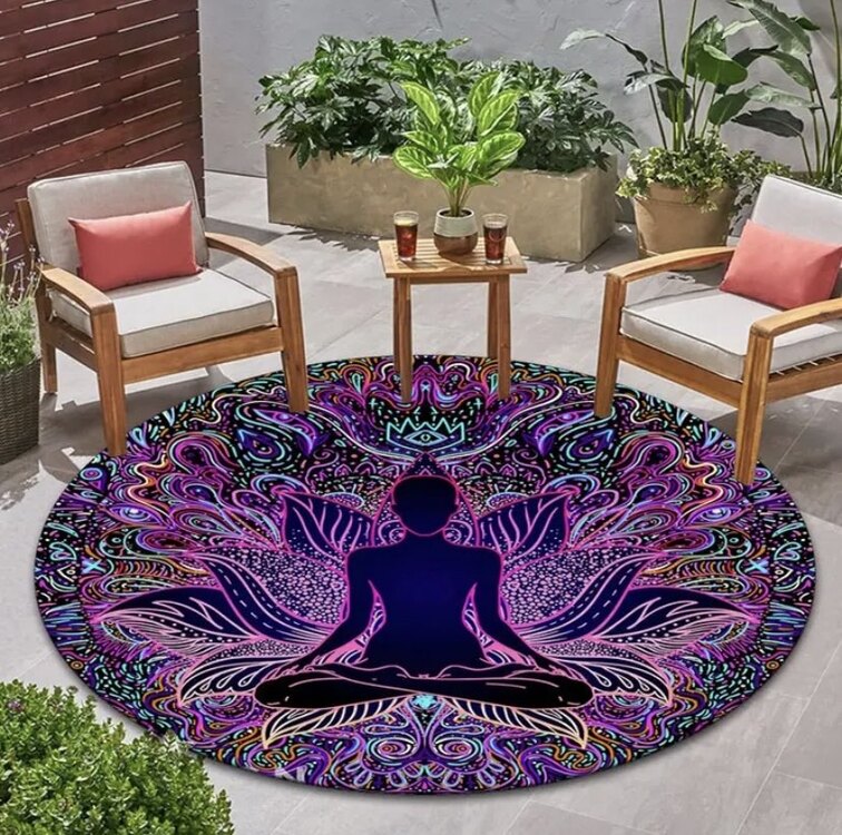 Yuvarlak Meditasyon Halısı Polyester Yoga Matı,Karmaşık Desenlerle Renkli Lotus Tasarımı