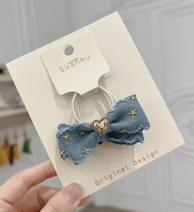 İkili Lastikli Denim Saç Tokası