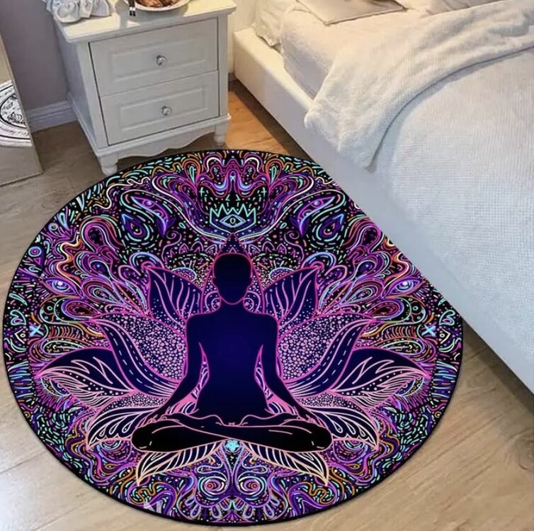 Yuvarlak Meditasyon Halısı Polyester Yoga Matı,Karmaşık Desenlerle Renkli Lotus Tasarımı