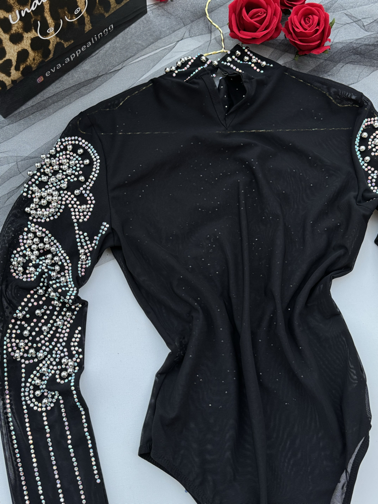 TAŞ İŞLEMELİ SİYAH TRANSPARAN BODYSUIT 