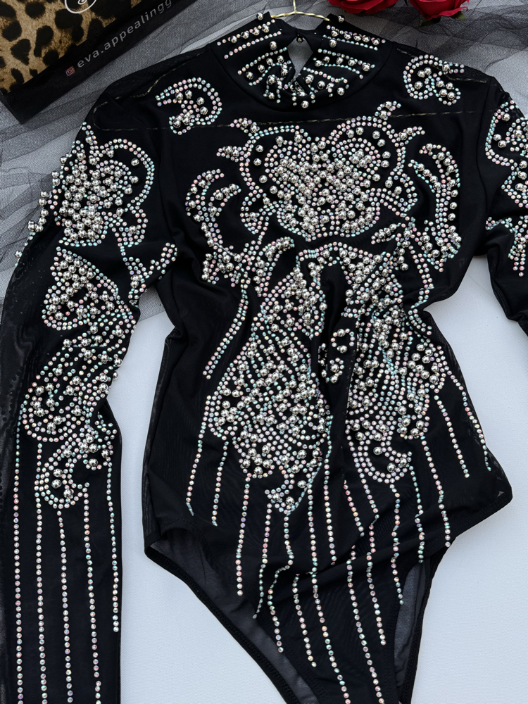 TAŞ İŞLEMELİ SİYAH TRANSPARAN BODYSUIT 