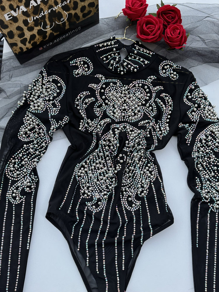 TAŞ İŞLEMELİ SİYAH TRANSPARAN BODYSUIT 