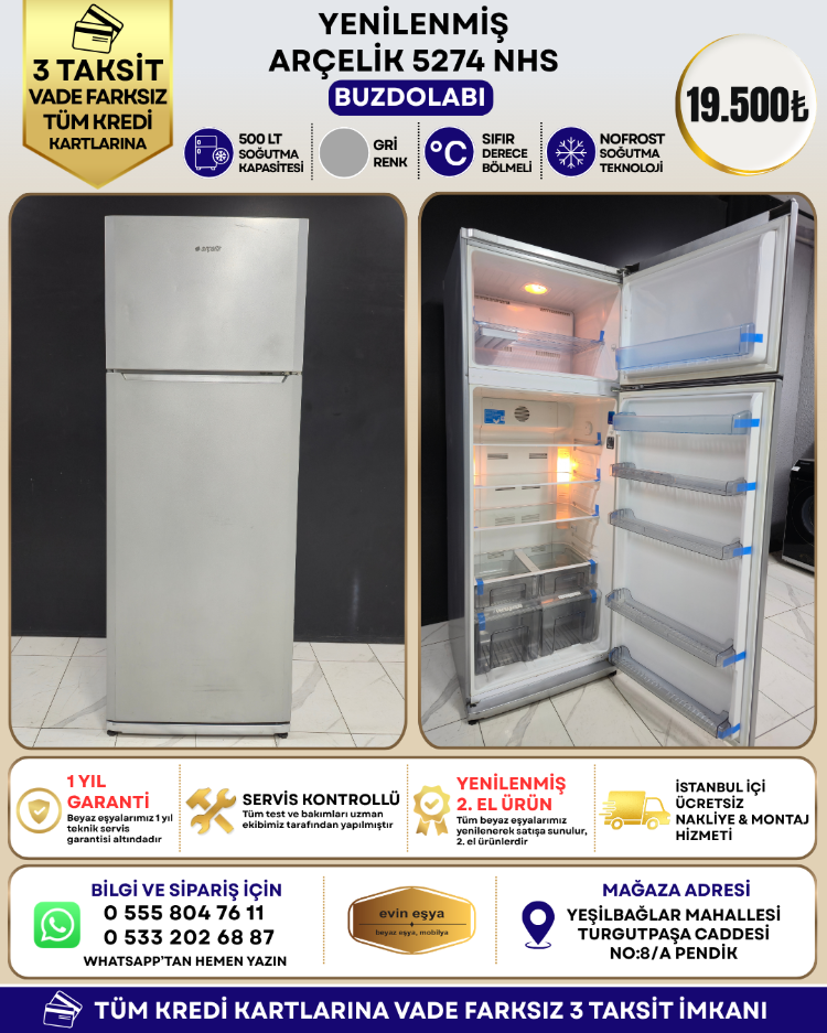 ARÇELİK 5274 NHS 500 LT GRİ NO-FROST BUZDOLABI