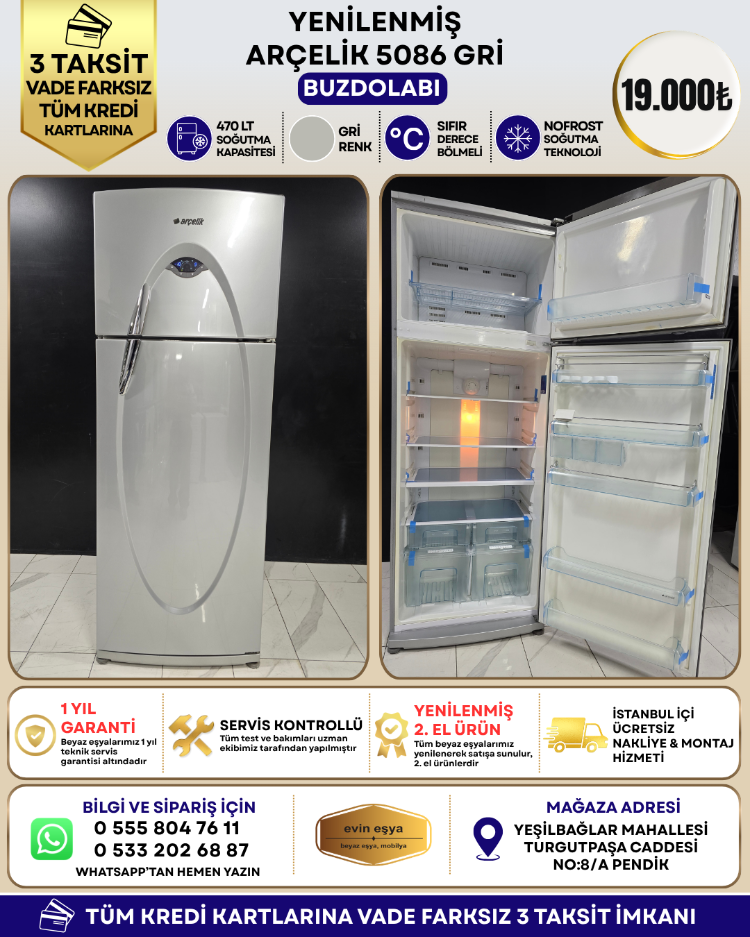 ARÇELİK 5086 GRİ 470 LT NO-FROST BUZDOLABI