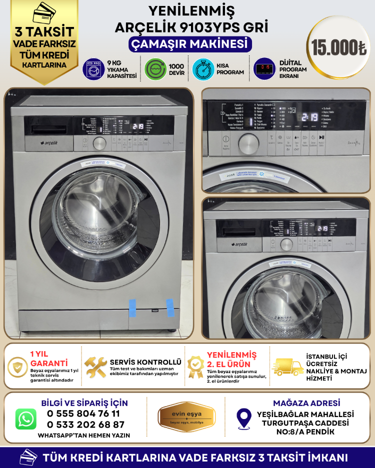 ARÇELİK 9103 YPS 9 KG 1000 DEVİR GRİ ÇAMAŞIR MAKİNESİ