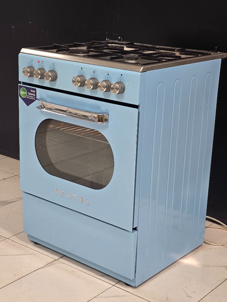 2. EL VESTEL A++ RETRO MAVİ TAM BOY ÇAKMAKLI GAZ EMİNETLİ OCAKLI FIRIN