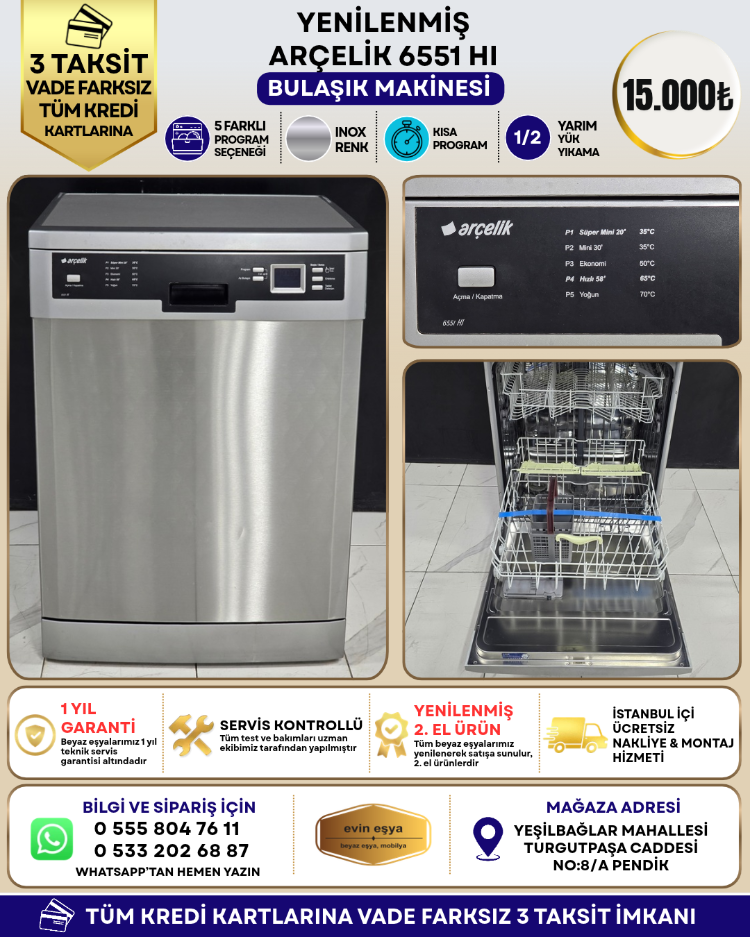 ARÇELİK 6551 HI 5 PROGRAMLI INOX BULAŞIK MAKİNESİ