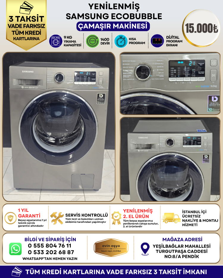 SAMSUNG ECOBUBBLE ADDWASH 9 KG 1400 DEVİR GRİ ÇAMAŞIR MAKİNESİ