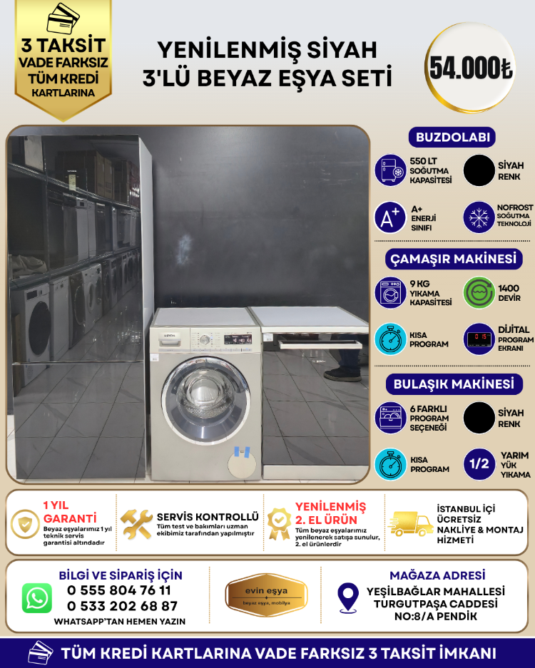 SİYAH 3'LÜ BEYAZ EŞYA SETİ