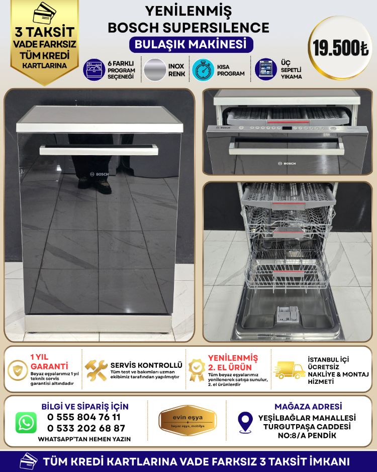 BOSCH SUPERSILENCE 6 PROGRAMLI 3 SEPETLİ SİYAH CAM BULAŞIK MAKİNESİ