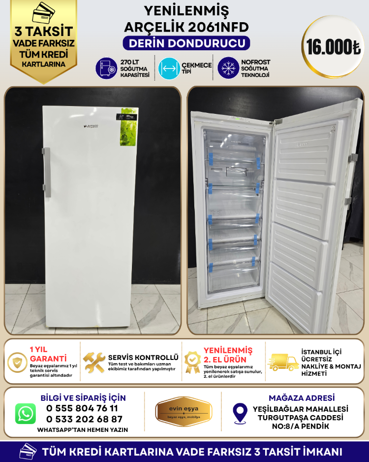 ARÇELİK 2061 NFD 270 LT NO-FROST 6 BÖLMELİ DERIN DONDURUCU