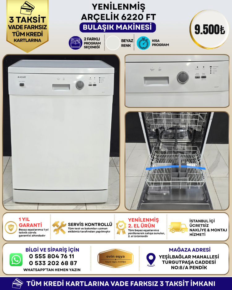 ARÇELİK 6220 FT 2 PROGRAMLI BULAŞIK MAKİNESİ
