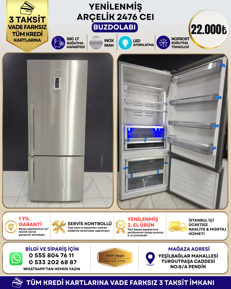 ARÇELİK 2476 CEI 580 LT KOMBİ NO-FROST BUZDOLABI