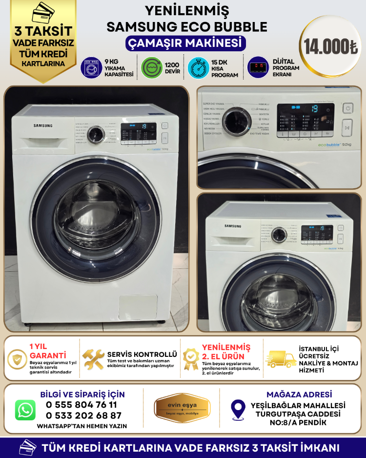 SAMSUNG ECOBUBBLE 9 KG 1200 DEVİR ÇAMAŞIR MAKİNESİ