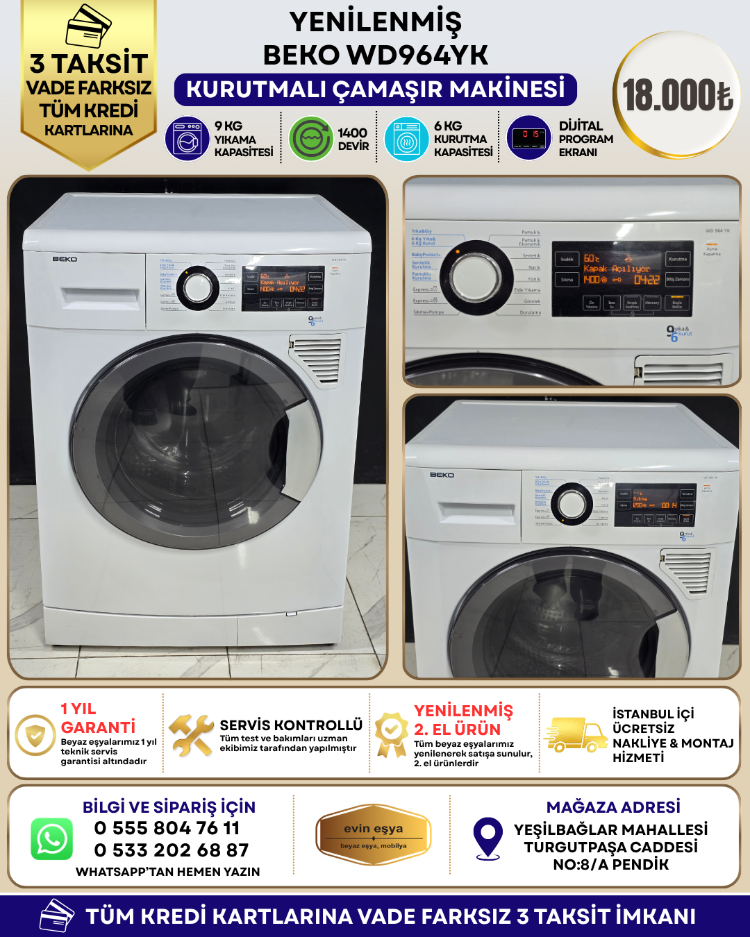 BEKO WD 964 YK 9 KG YIKAMA 6 KG KURUTMALI ÇAMAŞIR MAKİNESİ