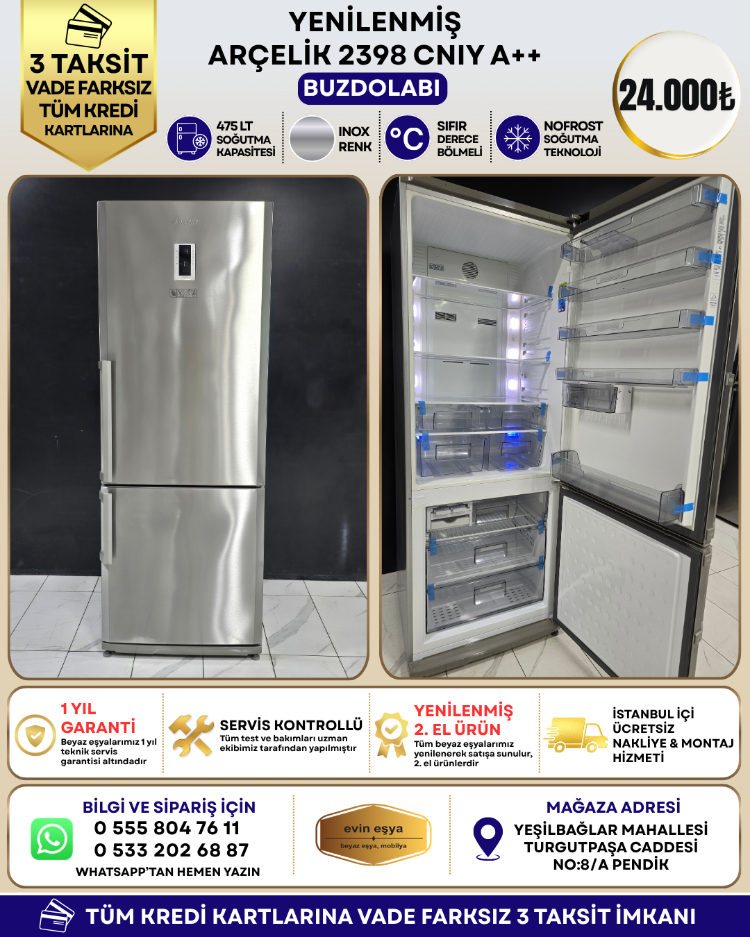 ARÇELİK 2398 CNIY A++ 475 LİTRE NO-FROST BUZDOLABI