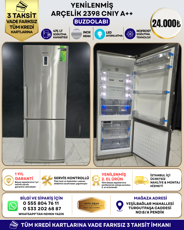 ARÇELİK 2398 CNIY A++ 475 LİTRE NO-FROST BUZDOLABI