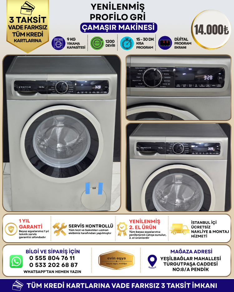 SIFIRLANMIŞ PROFİLO GRİ 9 KG 1200 DEVİR ÇAMAŞIR MAKİNESİ