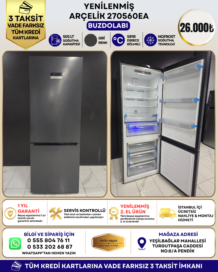 ARÇELİK 270560 EA 560 LT ANTRASİT KOMBİ NO-FROST BUZDOLABI