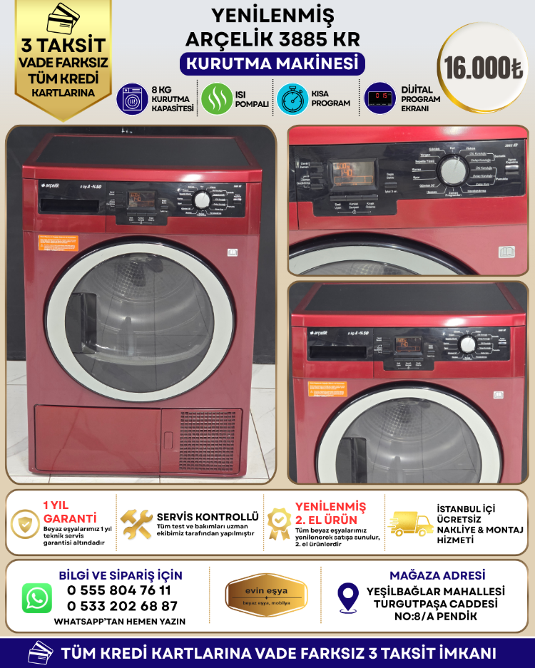 ARÇELİK 3885 KR 8 KG ISI POMPALI KURUTMA MAKİNESİ 