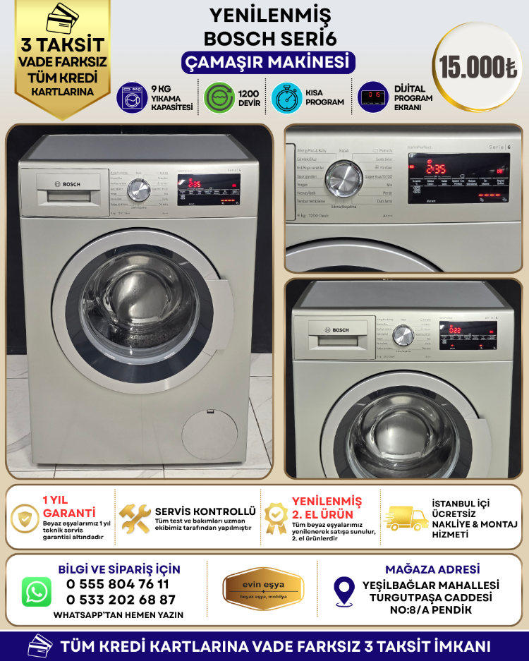 BOSCH SERIE 6 A+++ 9 KG 1200 DEVİR GRİ ÇAMAŞIR MAKİNESİ