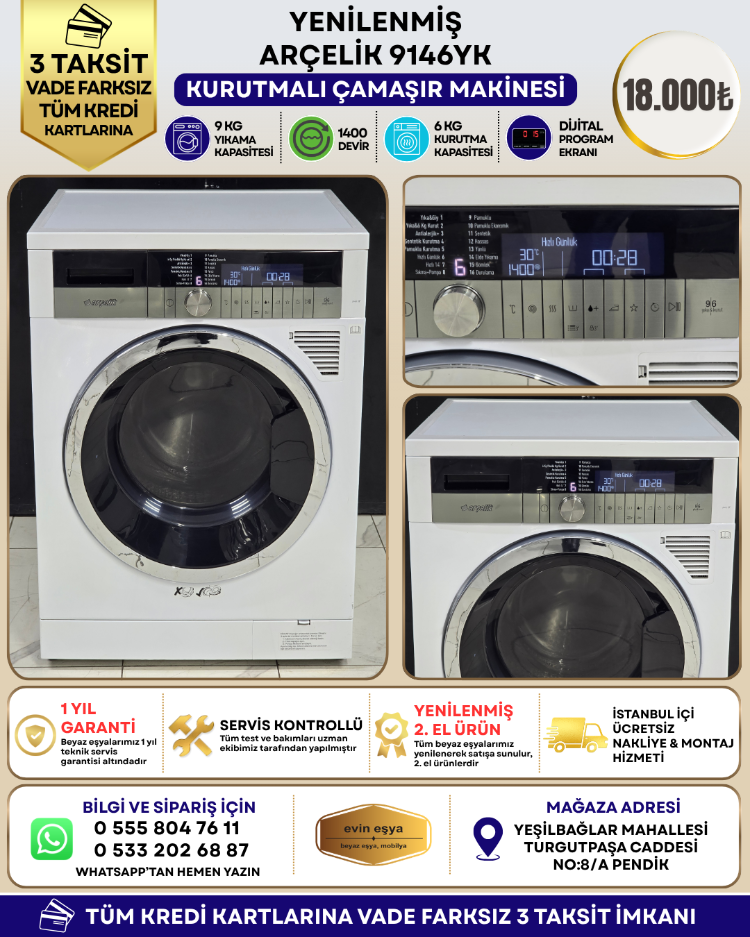 ARÇELİK 9146 YK 9 KG YIKAMA / 6 KG KURUTMALI ÇAMAŞIR MAKİNESİ