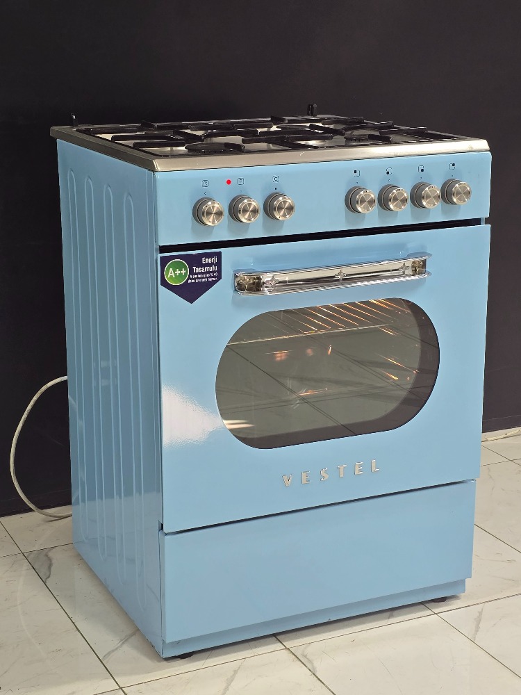 2. EL VESTEL A++ RETRO MAVİ TAM BOY ÇAKMAKLI GAZ EMİNETLİ OCAKLI FIRIN