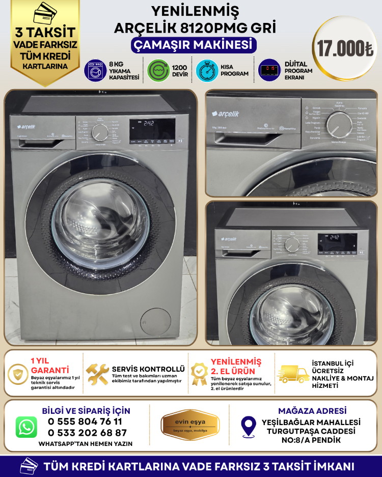 ARÇELİK 8120 PMG GRİ 8 KG 1200 DEVİR ÇAMAŞIR MAKİNESİ