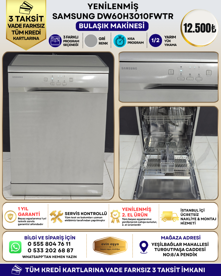 SAMSUNG DW60H3010FW/TR 3 PROGRAMLI GRİ BULAŞIK MAKİNESİ