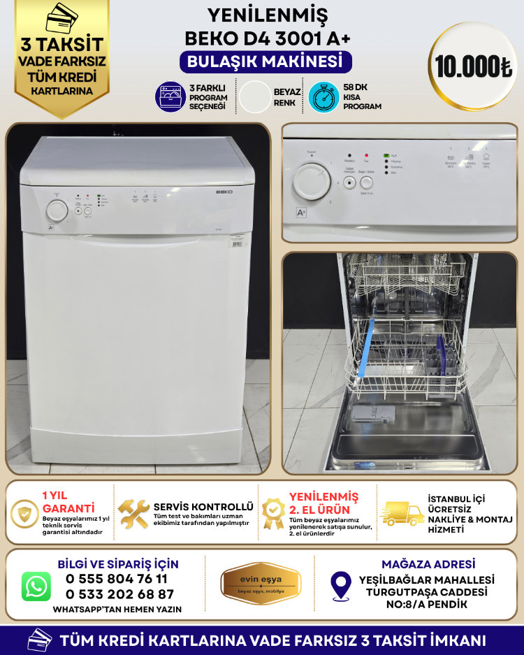 BEKO D4 3001 A+ 3 PROGRAMLI BULAŞIK MAKİNESİ