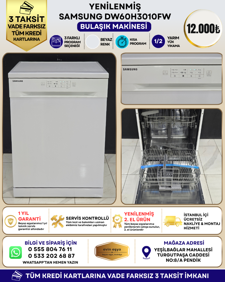 SAMSUNG DW60H3010FW 3 PROGRAMLI BEYAZ BULAŞIK MAKİNESİ
