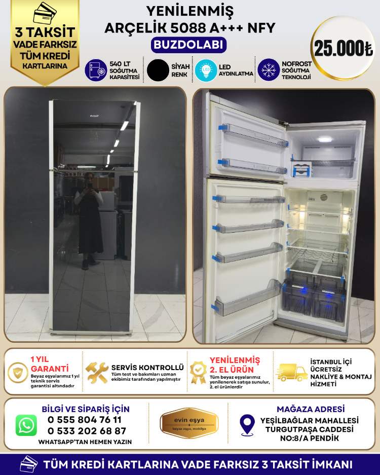 ARÇELİK 5088 A+++ NFY 540 LT SİYAH CAM NO-FROST BUZDOLABI