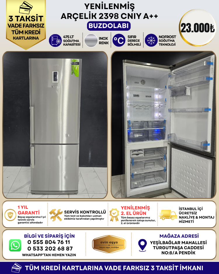 ARÇELİK 2398 CNIY A++ 475 LİTRE NO-FROST BUZDOLABI